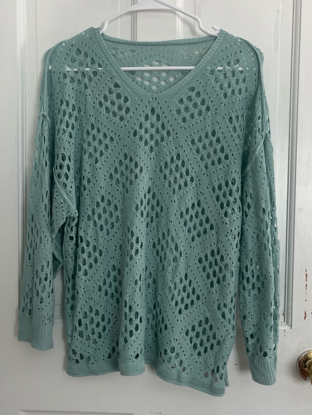 Open-Knit V-Neck Women's Sweater in Seafoam